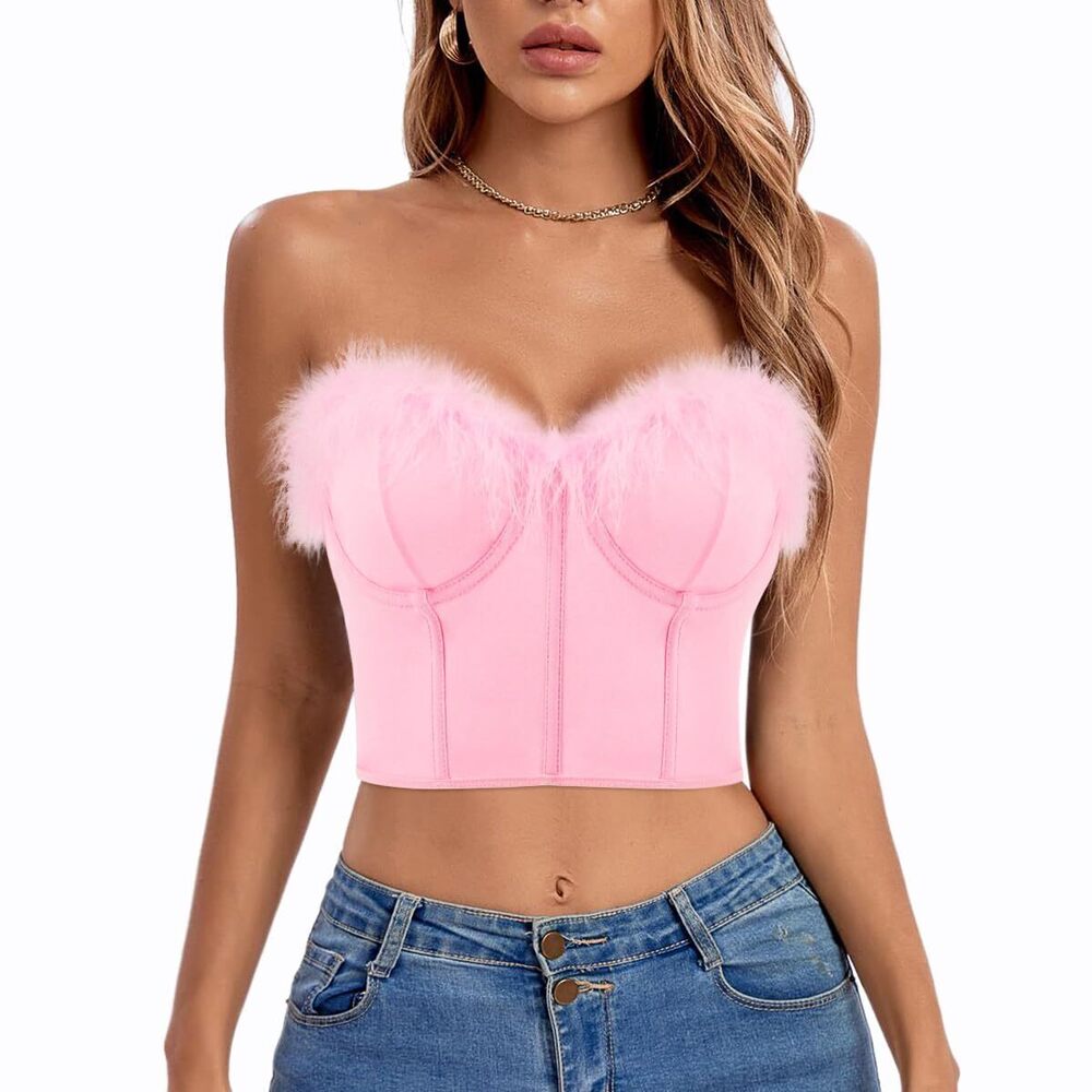 4904 Fuzzy Trim Bustier Crop Top Sexy Strapless Tube Top Rave Festival